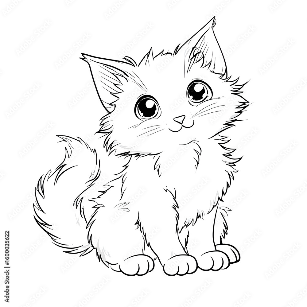 Obraz premium Line Art Handdrawn Cute Kitten Sitting with Big Eyes Illustration. Ai Generated Images