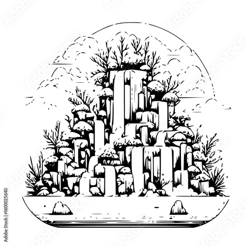 Illustration of a tiered waterfall with rocks and vegetation in a black and white landscape view