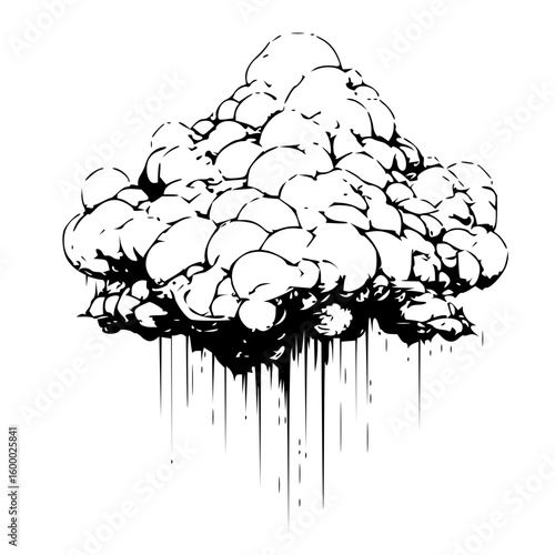 Illustration of a large cumulus cloud formation with rain streaks in black and white drawing style