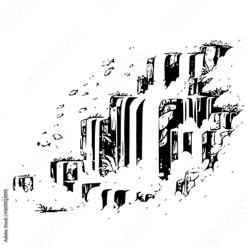 Illustration of a tiered waterfall cascading down a rocky cliff face with surrounding vegetation detail