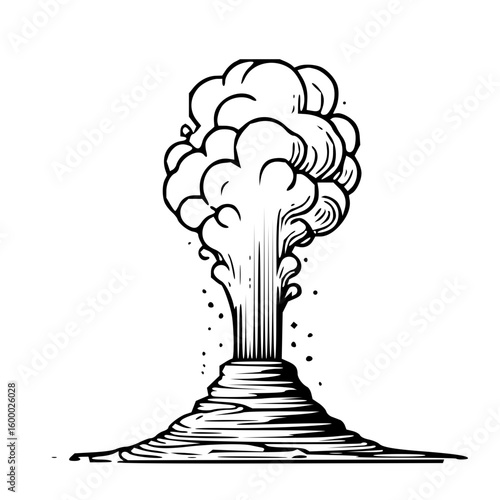 Illustration of a geyser erupting with a cloud of steam in a black and white drawing style image
