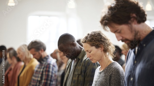 Group of Diverse People Praying and Worshiping in Church Religious Service.