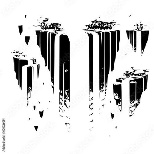 A black and white illustration of abstract floating land masses with vertical lines and vegetation