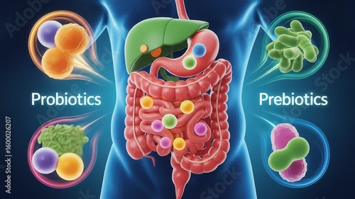 Gut health illustration shows probiotics and prebiotics for digestive wellness