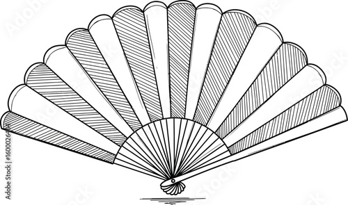 Elegant hand fan with striped segments displayed open, a classic accessory for cooling and fashion.