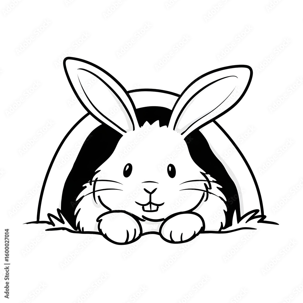 Obraz premium Simple Outline Whimsical Bunny Peeking from Burrow Illustration Line Art. Ai Generated Images