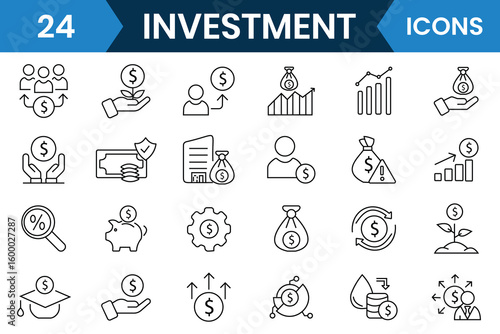 Investment icon vector set. Financial investment icon. Set of mutual fund, asset, economy, financial gain, interest, money, banking, profit, business, stock and more. Vector illustration.