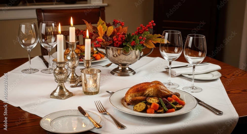 Fototapeta premium Elegant Candlelit Dinner Party with Roasted Chicken and Autumn Centerpiece Creates a Warm and Inviting Atmosphere