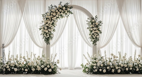 A stunning white wedding arch adorned with fresh flowers and greenery, set against elegant curtains for a romantic ceremony.