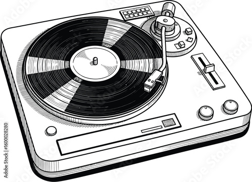 Vintage turntable with spinning vinyl record and stylus arm