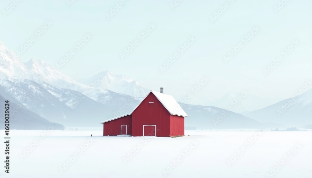 Fototapeta premium Red barn in snowy landscape with distant mountains Winter scene scenery