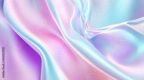 Satin fabric drapes softly in pastel shades of blue, pink, and lavender, capturing light in a gentle and fluid motion