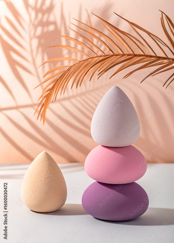 Fototapeta premium A modern still life featuring stacked beauty blenders in pastel colors, casting soft palm leaf shadows on a neutral background, showcasing minimalist beauty