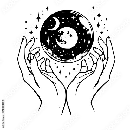 Hands holding a celestial sphere with moon phases and stars in a black and white illustration style