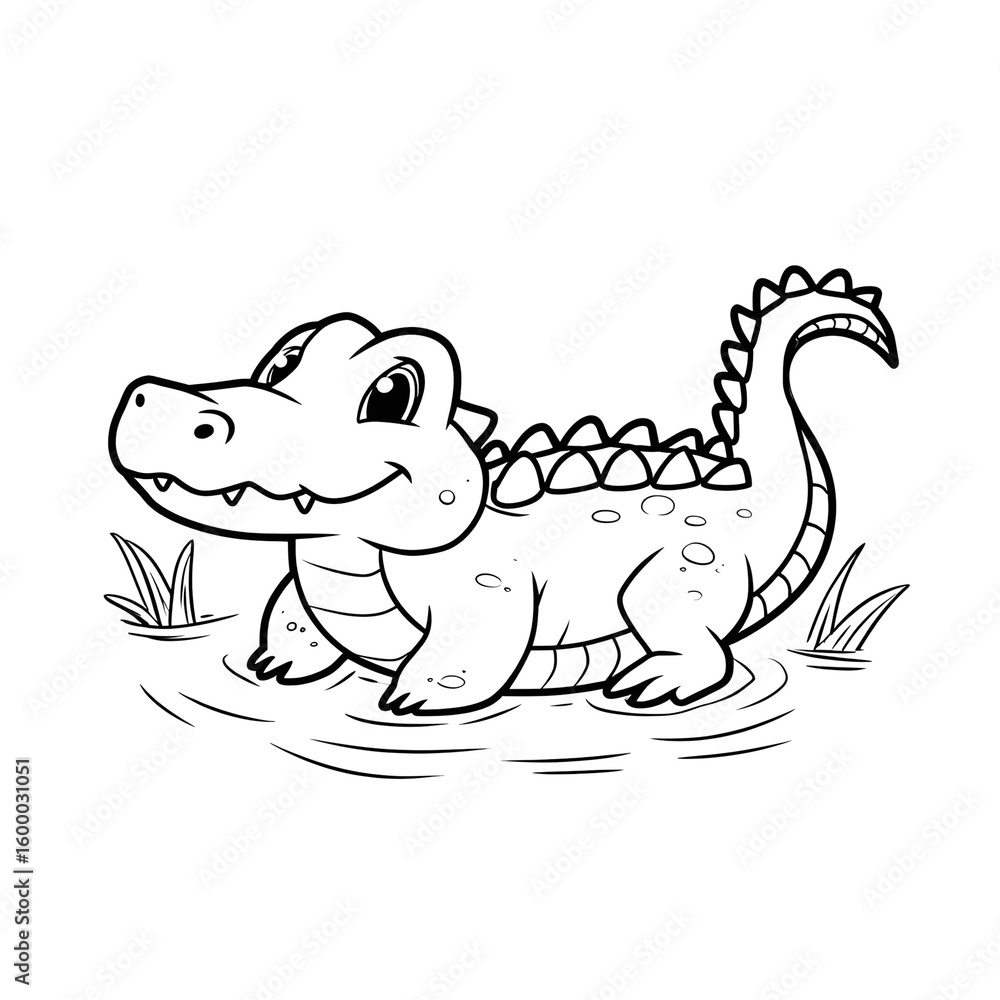 Fototapeta premium Handdrawn Outline Cute Crocodile Character Standing in Water Cartoon Illustration. Ai Generated Images