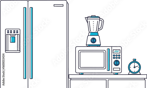 Kitchen appliances including a refrigerator, microwave, blender, and alarm clock