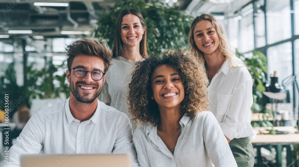 Fototapeta premium Diverse Group of Four Happy Business People Smiling in Modern Office Environment.