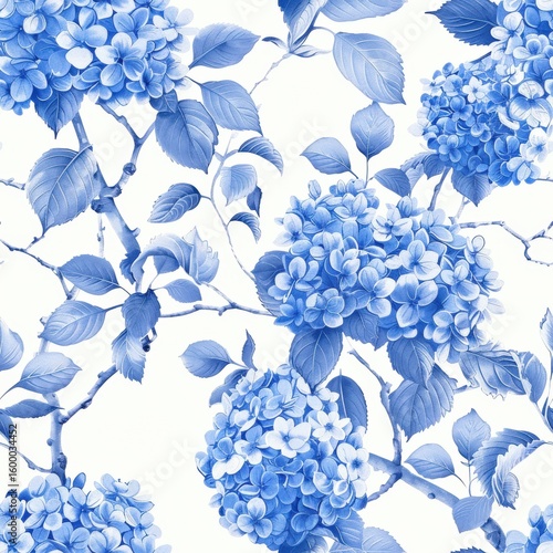 Captivating blue hydrangea floral pattern: seamless botanical illustration featuring elegant blossoms and lush foliage for timeless decorative designs