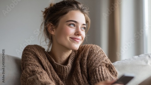 Beautiful young woman smiling happily holding smartphone indoors near window.