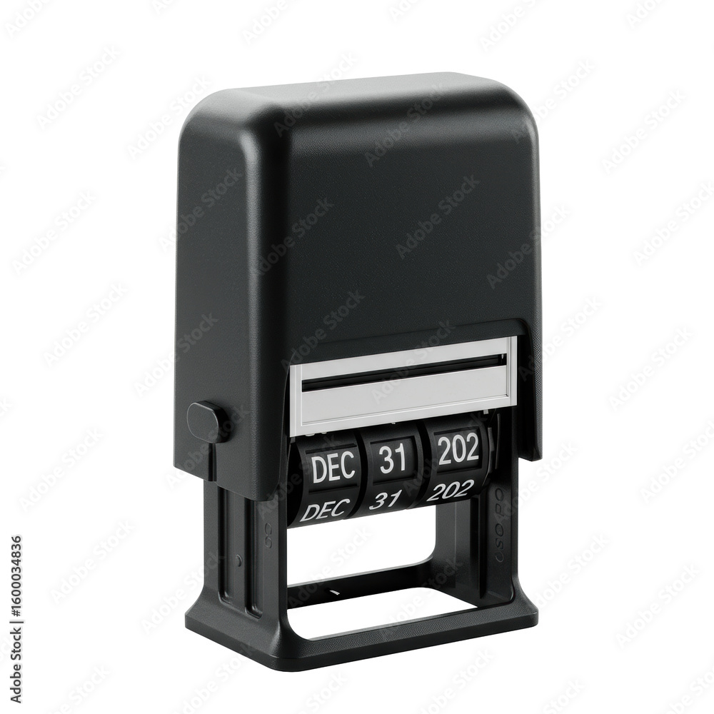 Fototapeta premium Modern black plastic roller date stamp, visible metal mechanisms, 