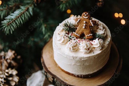A round, white-frosted cake adorned with a gingerbread man, festive sprinkles, and pine sprigs sits on a rustic wooden stand against a dark, bokeh-lit background featuring pine branches and pinecones