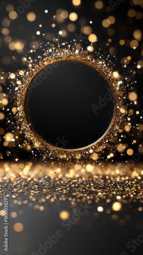 Golden sparkles create a mesmerizing circular frame with an empty center for creative design