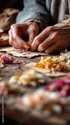 Crafting natural confetti with dried flowers at a rustic workshop in autumn
