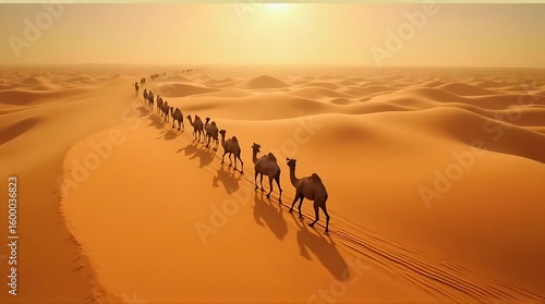 A caravan of camels traverses a vast, undulating desert landscape under a warm, hazy sky.