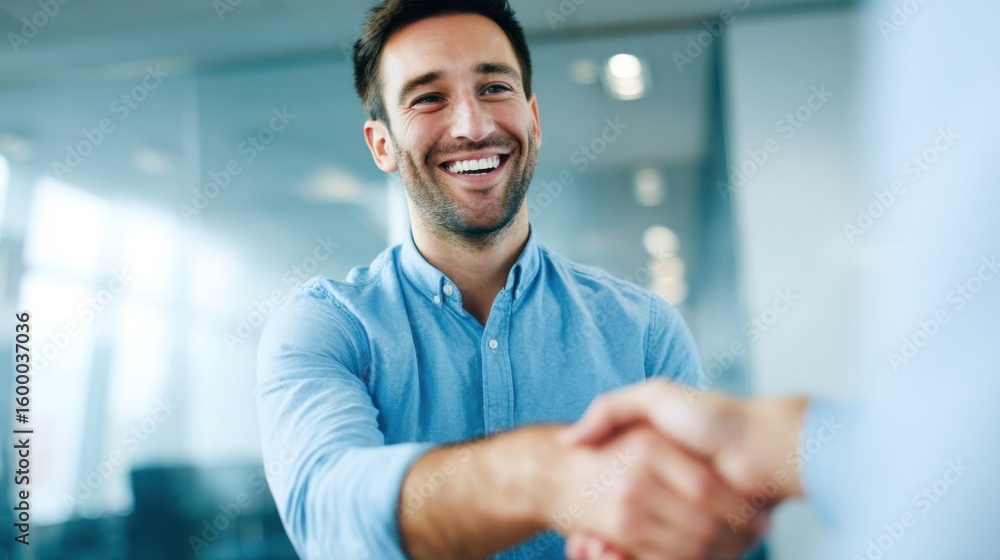 Obraz premium Smiling man in business casual shaking hands in modern office environment with sunlight.