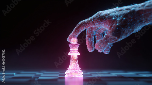 Futuristic chess piece manipulated by a glowing digital hand. A modern twist on strategy and gameplay with a neon glow on a dark chessboard.