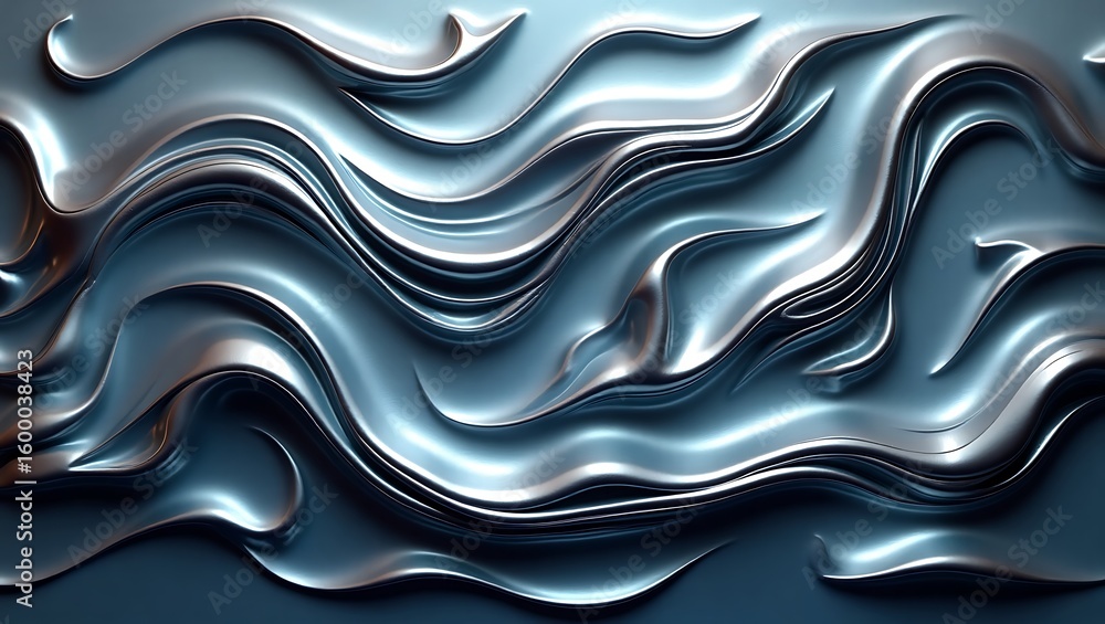 Fototapeta premium Abstract liquid metal waves with a cool metallic blue and silver color palette creating a fluid and dynamic texture