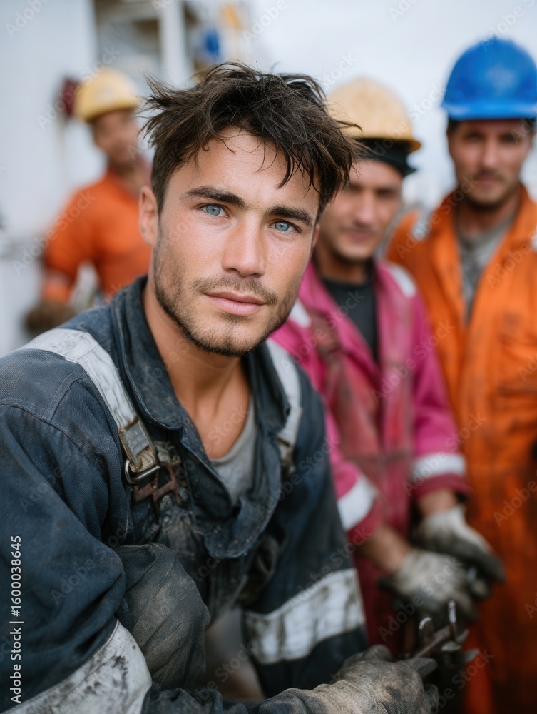 Fototapeta premium Young male construction worker with team on construction site, close-up portrait