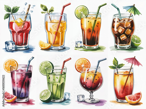 Colorful isolated set of various alcoholic and non-alcoholic cold drinks and cocktails in different glasses with fruit, ice, and lemon slices on a white background