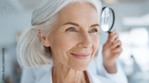 Close-up of senior woman with gray hair using magnifying glass and smiling indoors.