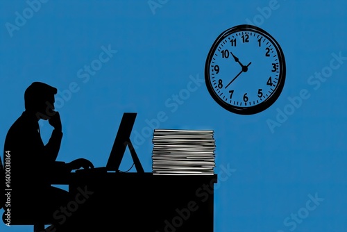 A pensive silhouette of a businessman seated at his desk, working on a computer, with a stack of documents and a clock on the wall against a solid blue background, depicting a busy workday