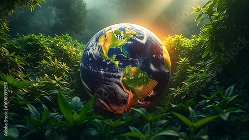 Earth globe enveloped by vibrant greenery under a glowing atmospheric light.