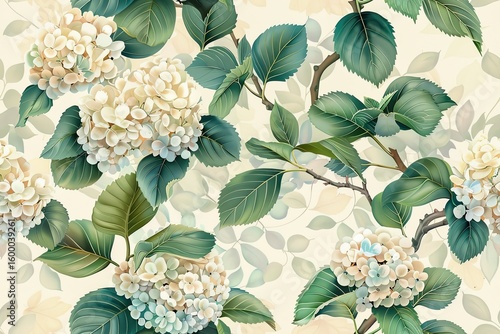 Elegant hydrangea floral seamless pattern featuring delicate cream and white blooms with lush green leaves perfect for spring botanical backgrounds and decorative garden inspired designs