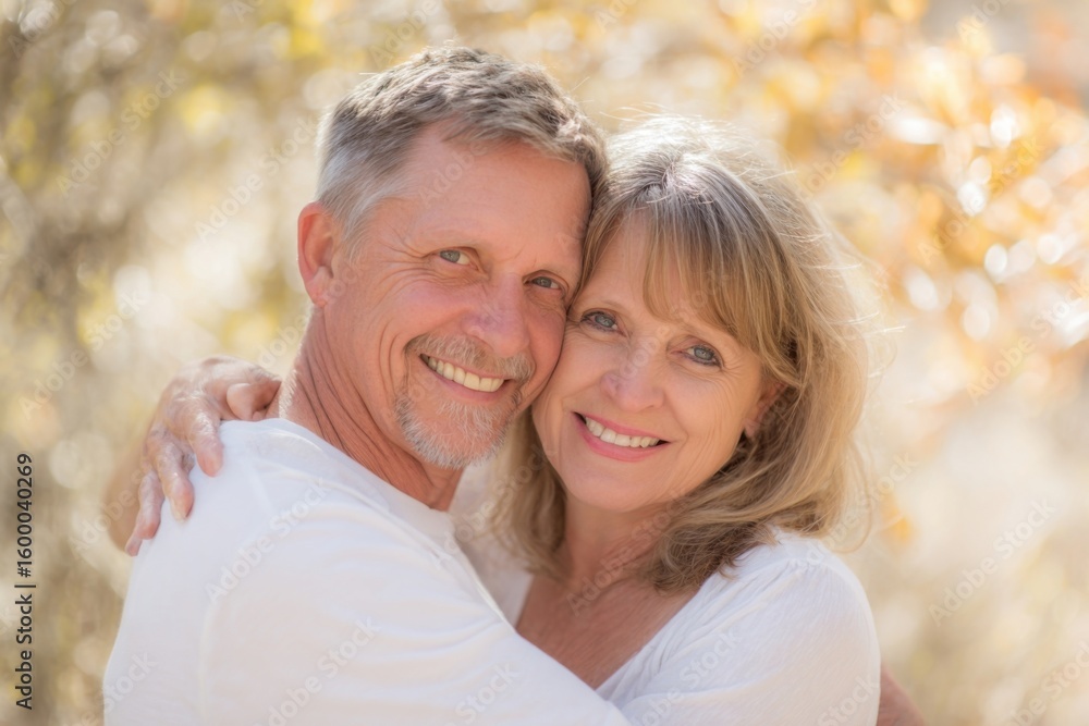 Happy senior couple embracing outdoors in sunny park during autumn daytime. Happy senior couple embracing outdoors in sunny park during autumn daytime.