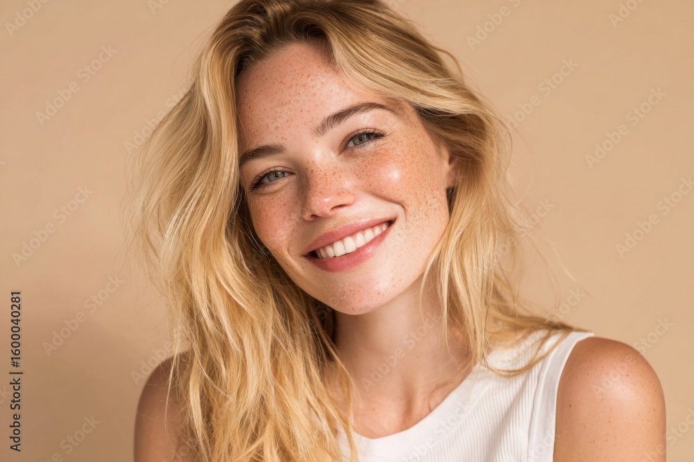 Fototapeta premium Close-up of a smiling blonde young woman with freckles and natural makeup.