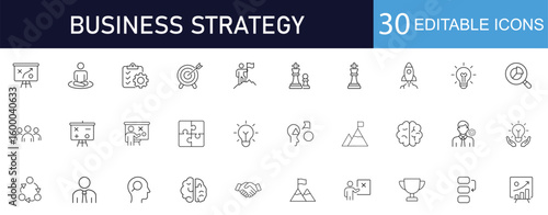 Business Strategy line icon set. Featuring planning, goal setting, leadership, innovation, analysis concepts. Perfect for corporate presentations, marketing infographics, and startup website UI.