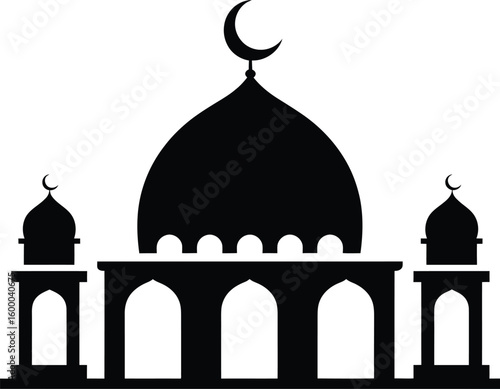 Black mosque silhouette with crescent moon Islamic