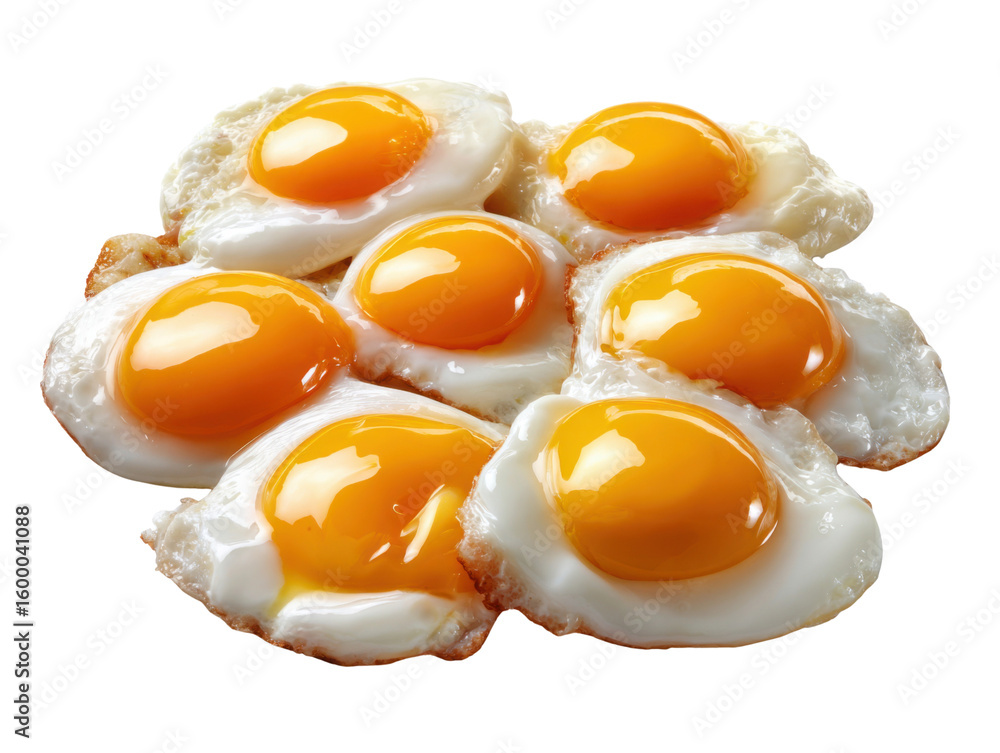 Fried Eggs Delight: A close-up shot of several sunny-side-up fried eggs, showcasing the bright yellow yolks and perfectly cooked whites, perfect for breakfast or brunch. Fried Eggs Delight: A close-up shot of several sunny-side-up fried eggs, showcasing the bright yellow yolks and perfectly cooked whites, perfect for breakfast or brunch.
