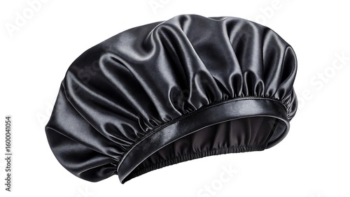 Satin black bonnet hair cover for sleeping and overnight hair protection on white background