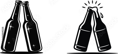 Beer Bottles Clinking Cheers and Foaming Celebration Silhouettes. Party and Beverage Vector Set