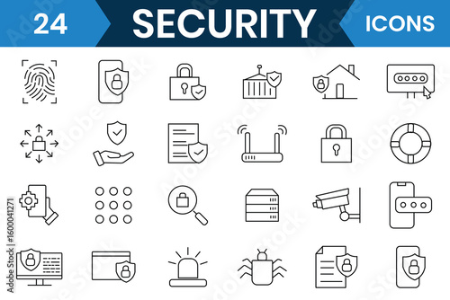 Security icon set. Security and Protection thin line icons symbol collection. Safety, password, access, lock, shield, cybersecurity, data protection, locked and more. Vector illustration.