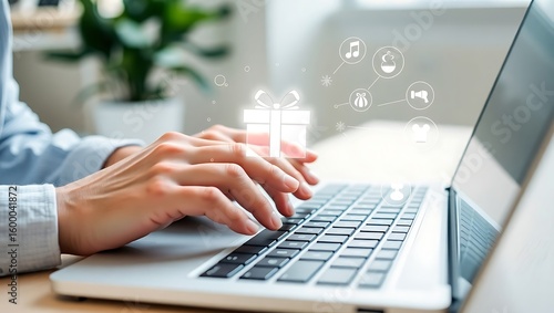 Woman's hands typing on a laptop, accessing an online rewards program with digital gift and entertainment icons.