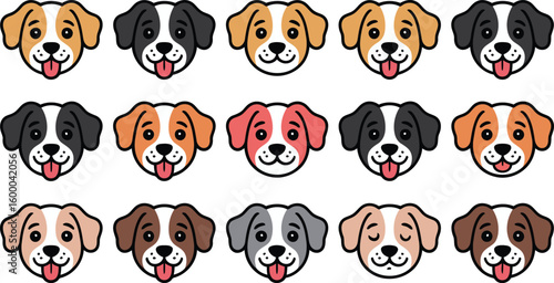 Collection of diverse dog faces with happy expressions and various fur colors