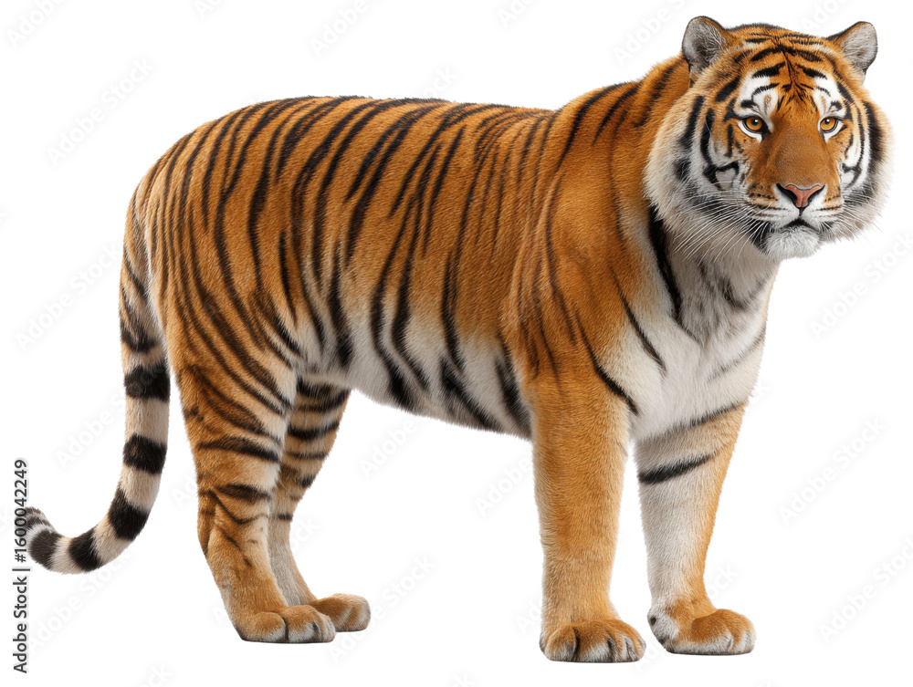 Fototapeta premium Majestic Tiger Portrait: A stunning Bengal tiger with striking orange and black stripes stands confidently, embodying the raw power and beauty of the wild.