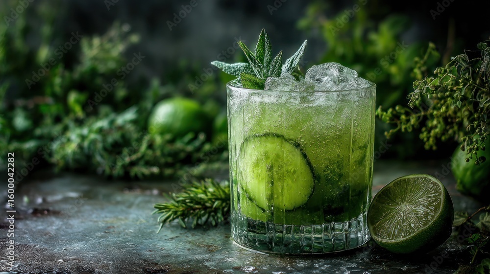 Fototapeta premium Fresh green cocktail with herbs