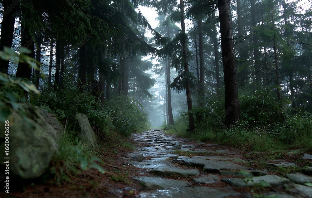 Obraz premium Misty Forest Path Stone Pathway Through Lush Green Woods
